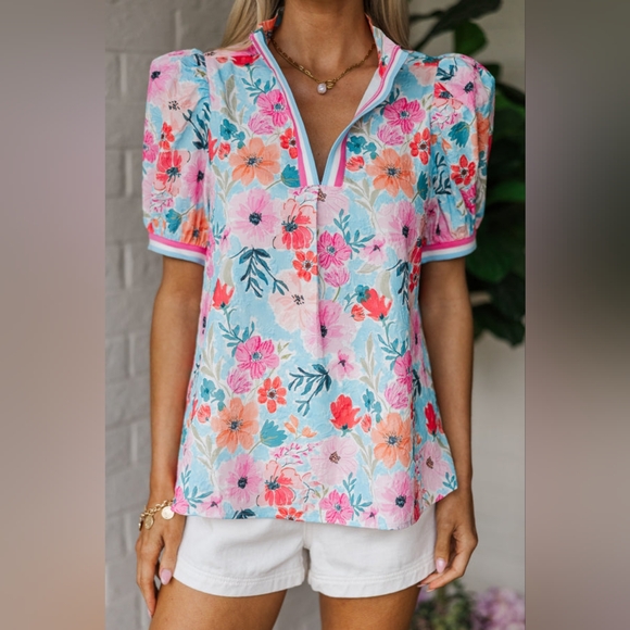 Umgee Tops - Umgee Pink and Blue Boxy Blouse